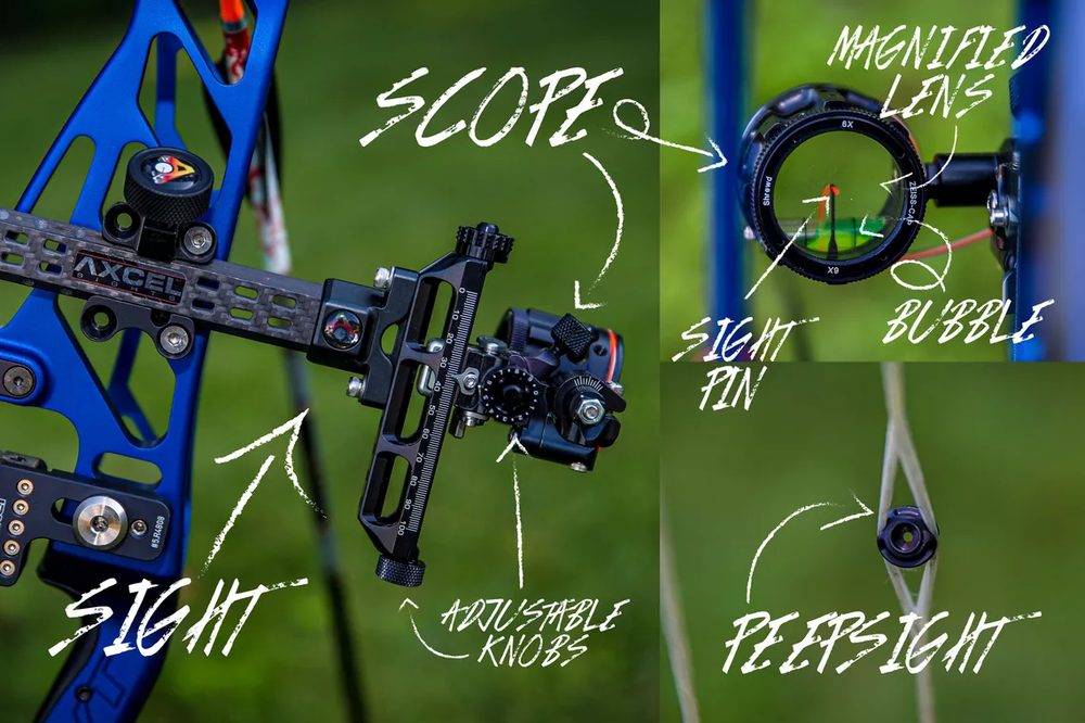 Bow sight anatomy diagram showing the scope, sight pin, bubble level and peep sight