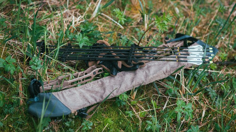 Compound bow and fletched hunting arrows resting in a quiver