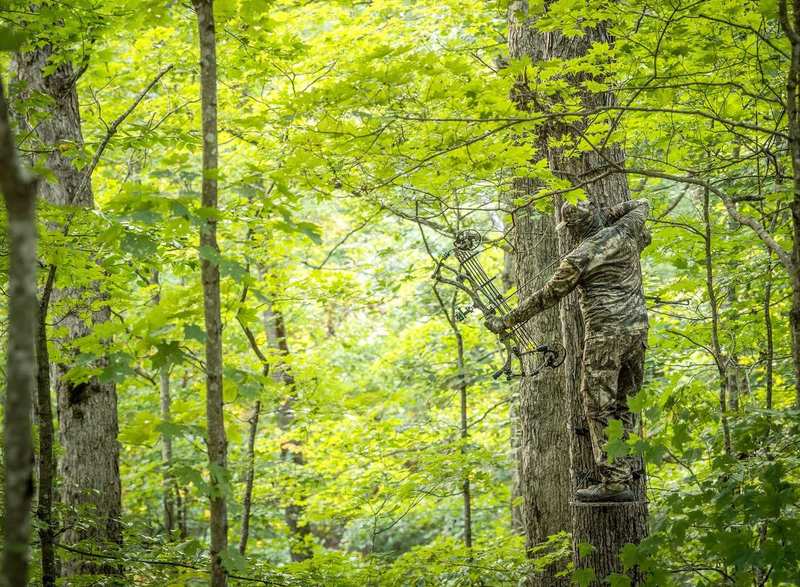 Early season bowhunter standing in tree stand with compound bow