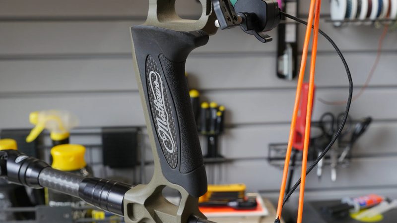 Compound bow grip and riser section of a Mathews hunting bow