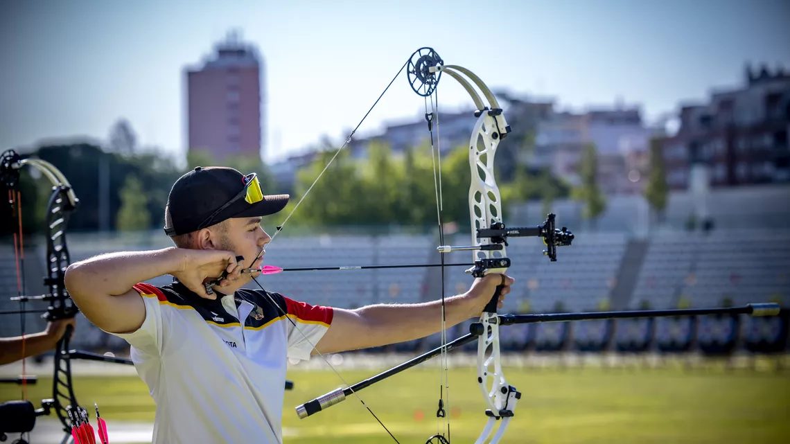 Simon Moritz of Germany competing at the 2026 European Youth Archery Championships in Rome