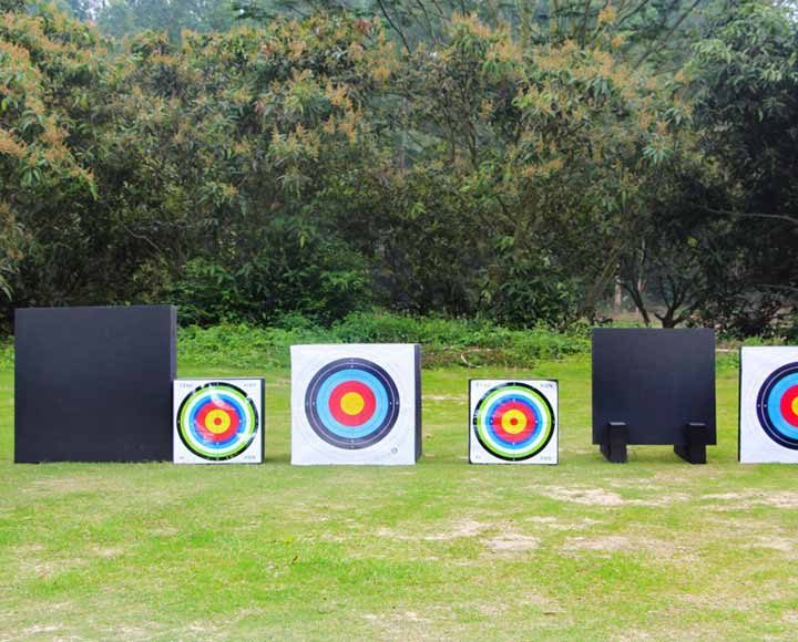 Row of EVA foam block archery targets on an outdoor range