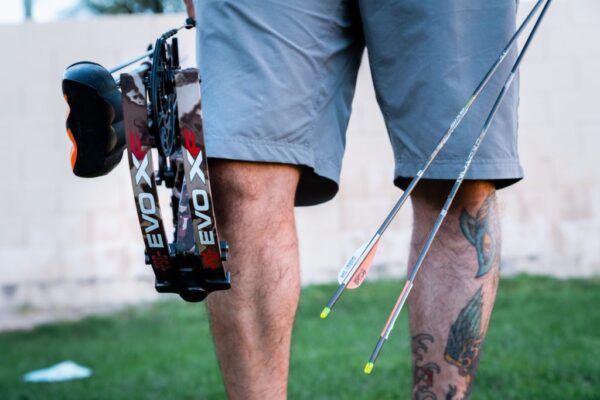 Bare shaft tuning setup with a compound bow, fletched arrow and bare shaft