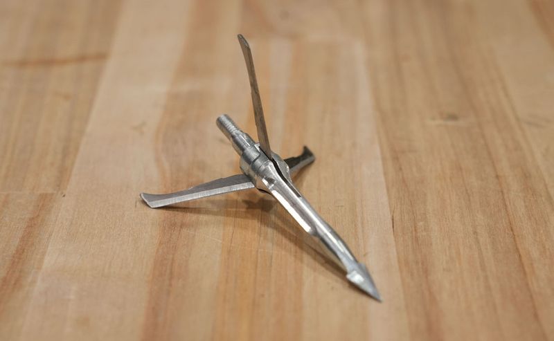 Three-blade fixed broadhead for bowhunting showing wide blade profile and cut-on-contact tip