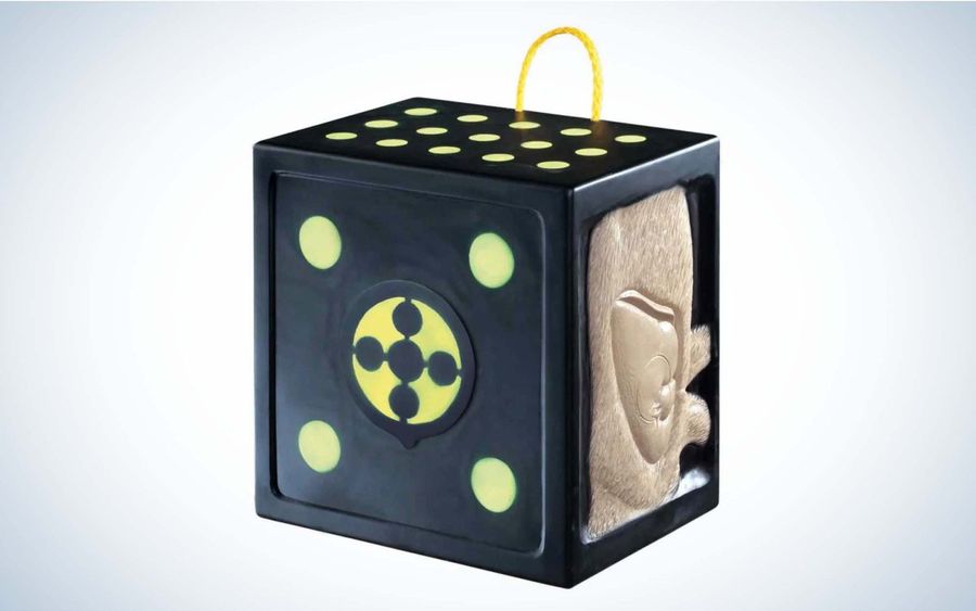Foam block archery target with field point bullseyes on a range