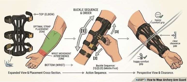 Diagram showing correct archery arm guard placement and buckle sequence