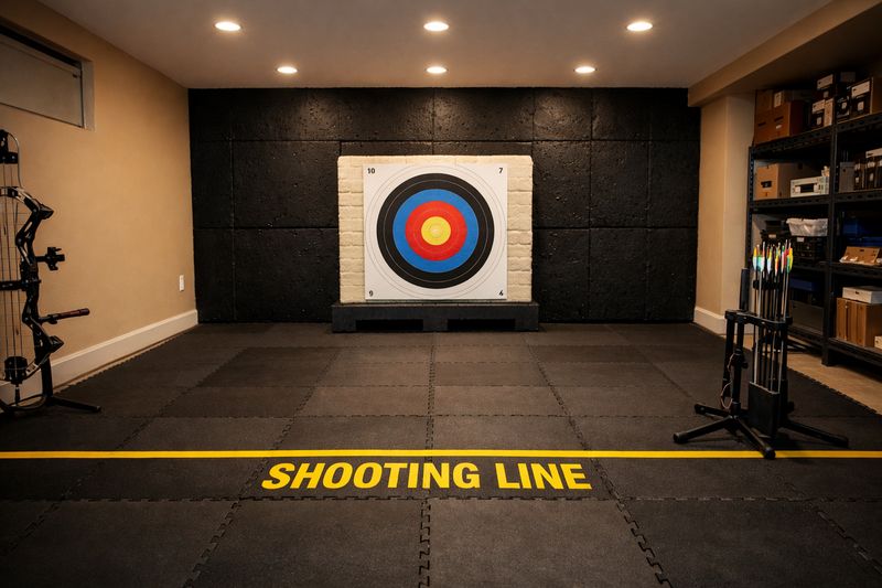 Indoor archery range with arrows in target at close distance