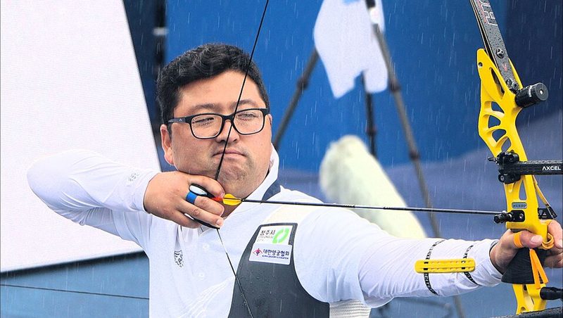 Kim Woojin at full draw during the Madrid 2026 Archery World Cup recurve event