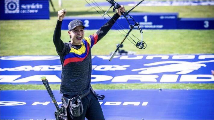 Pablo Gomez Zuluaga celebrates compound gold at the Madrid 2026 Archery World Cup