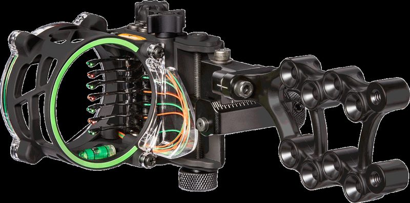 Multi-pin bow sight with seven fiber optic pins for compound bow