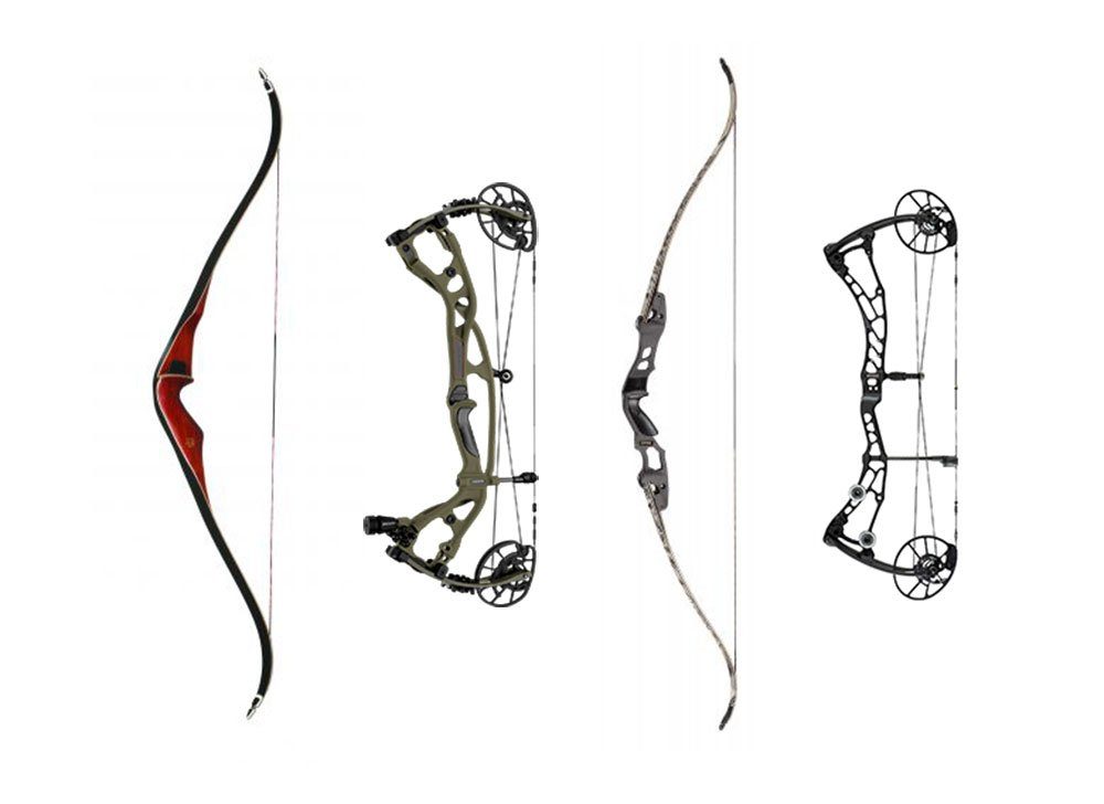 Recurve vs compound bow comparison showing two recurve bows and two compound bows side by side