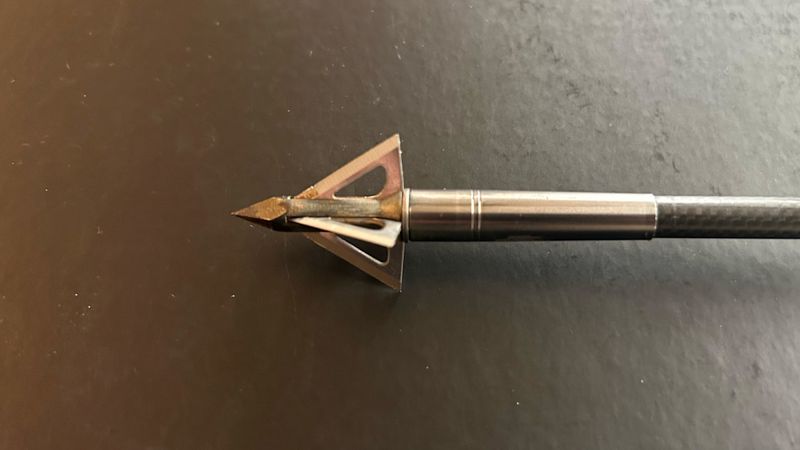 Slick Trick four-blade fixed broadhead mounted on a carbon hunting arrow
