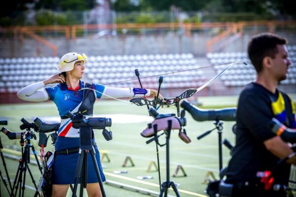 Recurve archer Marie Horackova at full draw during archery competition