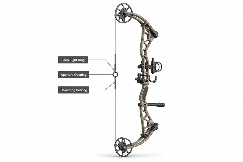 Compound bow peep sight installed in bowstring showing proper position
