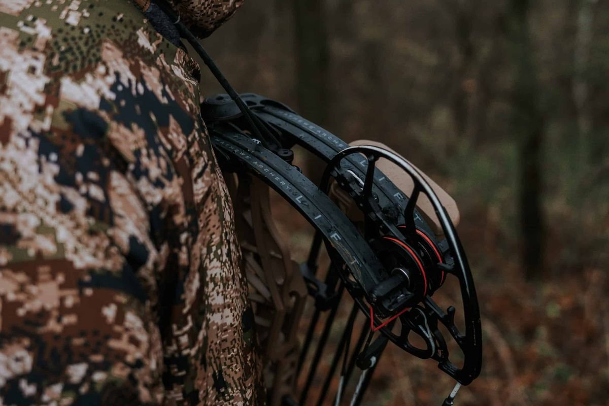 Bow Wrist Sling Mounted on Compound Bow — In Use